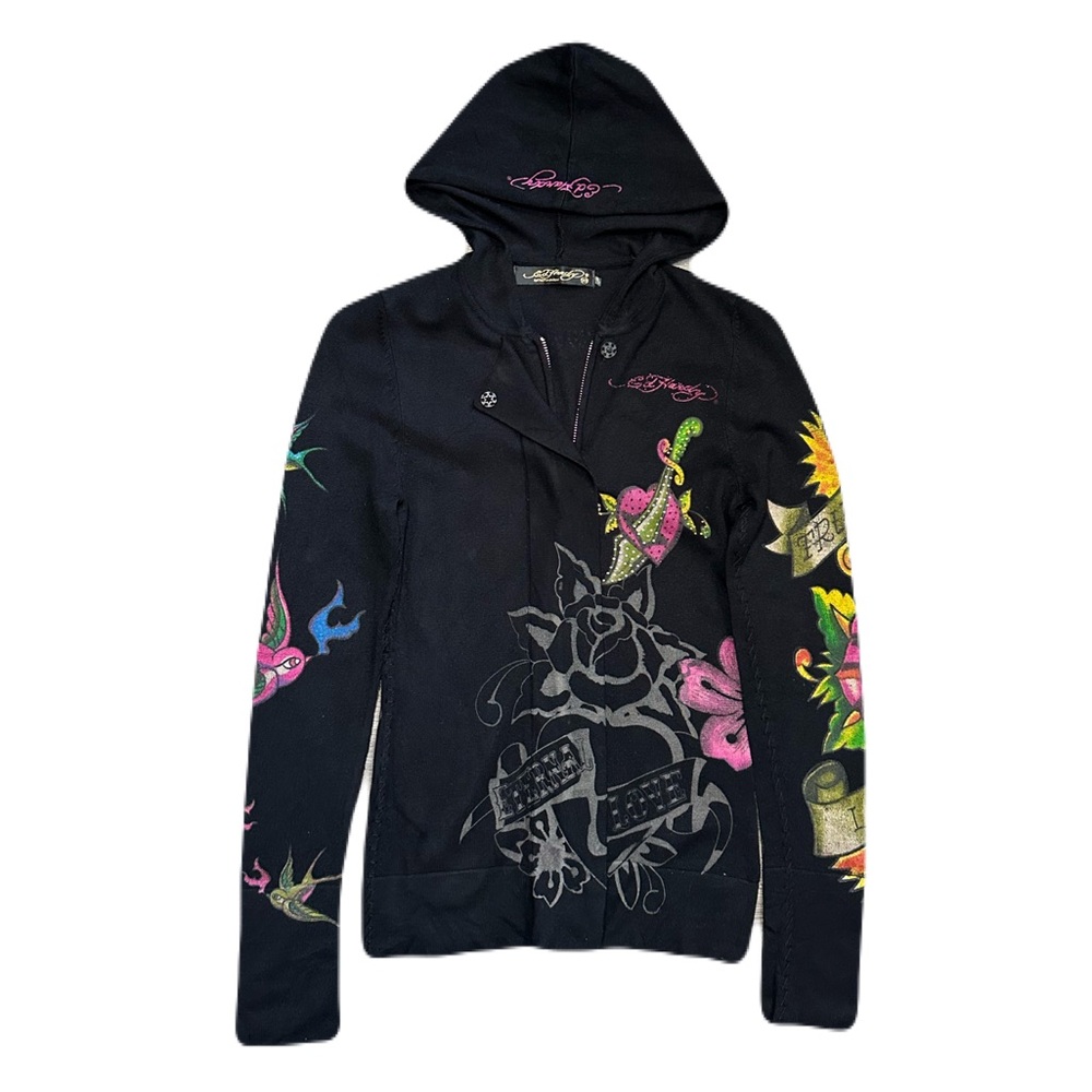 Vintage ED HARDY X AUDIGIER Geisha Rhinestones WMNS Zip Up Hoodie XS Y2K Tattoo